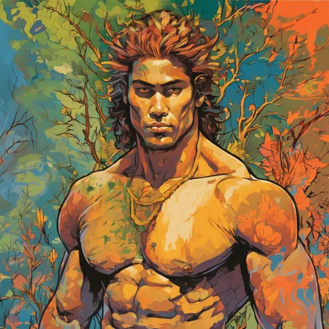 a beautiful man, masculine with clothes of the character tarzan, the king of the forest, masculine beauty, strong, fit and athletic, he is inserted in a forest with Intricate details of the painting of the Japanese forests, by Range Murata, galaxy in the b...