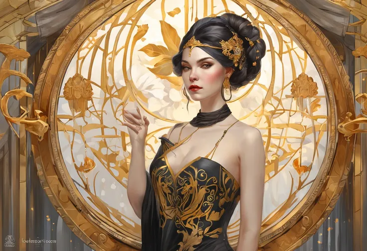 a painting of a woman with a golden headdress and a black dress, Mucha Klimt et Tom Bagshaw, Bel art UHD 4 K, 4k highly detailed digital art, exquisite digital illustration, WLOP complexe, art nouveau! Cyberpunk! style, 4k detailed digital art, Mucha style...