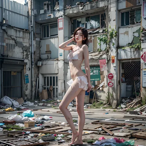 Highest image quality，best qualtiy，tmasterpiece，abandoned building，Garbage all over the ground 1.3，grimy，Sexy standing pose，18-year-old Korean beautiful girl，Random white sexy transparent bikini，very beautiful long slim legs，(((Random nudity 1.1)))，exhibit...