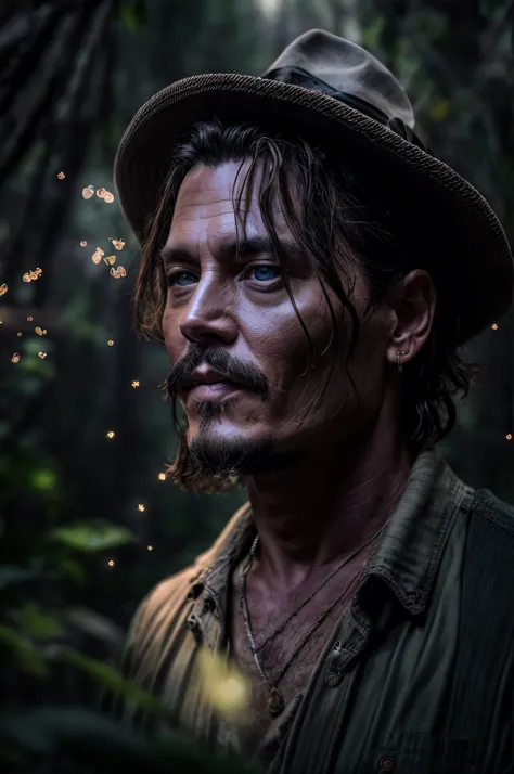 masterpiece, johnny depp walking through the jungle at night (night among fireflies), (high detail:1 1), rough face, natural skin, high quality, nsfw, beautiful eyes, (detailed face and eyes), (face: 1 2), noise, real photo, lamp film photography, sharp fo...