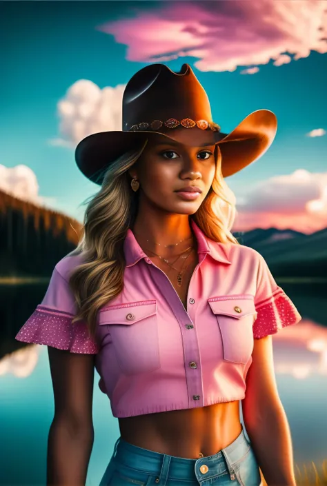 A closeup of a woman wearing a cowboy hat and pink shirt, vaqueira, Cowgirl ocidental, bela arte digital, pintura digital impressionante, lindo pintura digital, estilo de arte fotorrealista, Female cowgirl, em estilo de pintura digital, pintura digital bri...