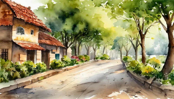 Old residential area，Red brick building，Big banyan tree，Clean the pavement，Fallen leaves，springtime，in the early morning，Light green tones，super-fine，Carefully portrayed，high qulity，8K，