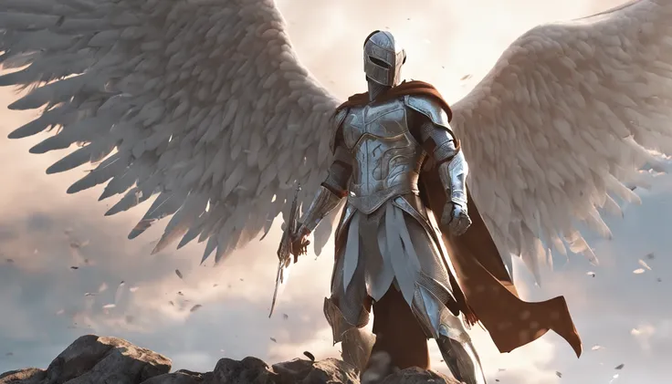 strong angel of god flying realistic perfect with white wings sword in hand shield ::n_ Imperfection, anime, texto, boneco, jogo, low perfection, texto, assinatura