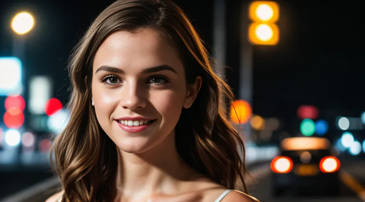 shot at night under a street light next to a highway, cars passing by, A woman wearing a long red dress walking, brunette hair, full shot, wide shot of full body, Olivia Rodrigo, Emma Watson, flawless pale skin ((detailed face)), ((detailed facial features...