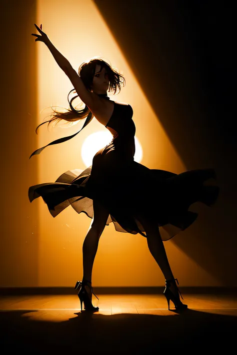 Woman dancing in silhouette、Perfect Style、back lighting,with strobe light、Dramatic shadows and highlights、Create images with a sense of depth and three-dimensionality,1womanl,surrealism