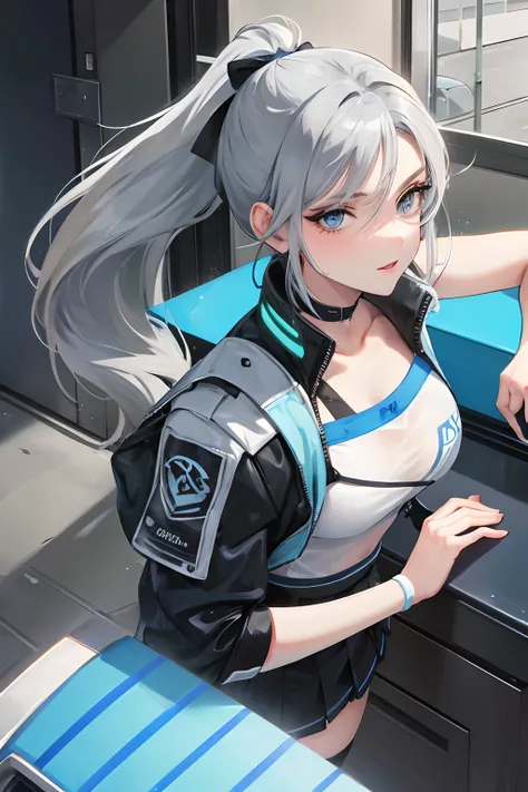 Gray hair, double ponytail, very sexy skirt worn blue eyes