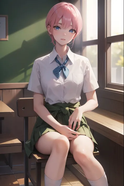 ichikanakano, ichika nakano, short hair, bangs, blue eyes, hair between eyes, pink hair,
BREAK skirt, shirt, school uniform, white shirt, short sleeves, pleated skirt, shoes, socks, collared shirt, black footwear, sweater, white socks, green skirt, loafers...