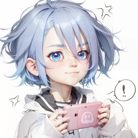 Anime boy with blue hair holding a pink cup，grin face, anime moe art style, accidentally taking a selfie, Check his phone, with index finger, He has a cute expression face, tired haunted expression, tired and haunted expression, in an anime style, he is ho...