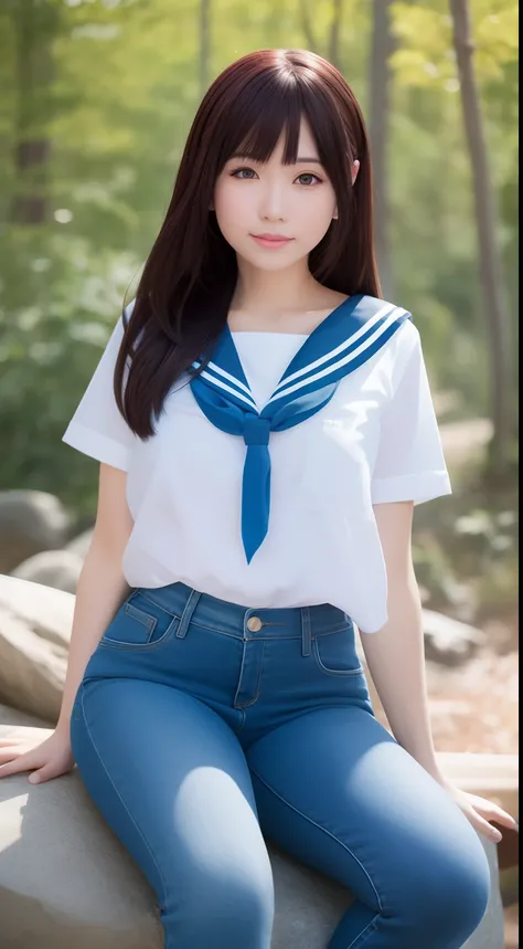 a pregirl，Thirty year old, ssmile, looking at viewert, sailor uniformm,skintight jeans, photore, realisticlying, Best quality at best, employee, 详细的脸, Sitting on a large rock in the middle of the forest, diffuselighting, depth of fields, Background bokeh