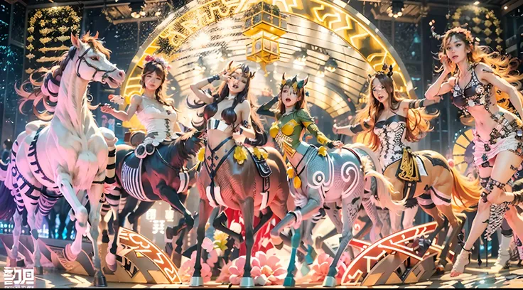 In the beautiful illustration of this super-grand scene，The ultra-distant shot shows eight unique centaur characters，They all have their own characteristics，Vivid and interesting。Radiant angelic centaurs from the heavenly realm，To the hellish centaurs surr...