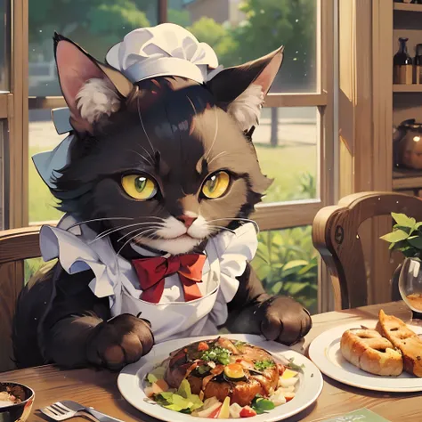 In a captivating fusion of anime and digital art,
a skillful black anime cat wearing a sunny yellow apron,
engages in the art of culinary creation.
Focused, Playful and determined to concoct a masterpiece,
the cat chef brings forth a delectable feast from ...