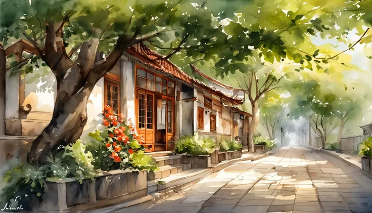 Old residential area，Red brick building，Big banyan tree，Clean the pavement，Strong sunshine，夏天，in the early morning，Light red tones，super-fine，Carefully portrayed，high qulity，8K，