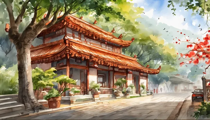 Old residential area，Red brick building，Big banyan tree，Clean the pavement，Strong sunshine，夏天，in the early morning，Light red tones，super-fine，Carefully portrayed，high qulity，8K，