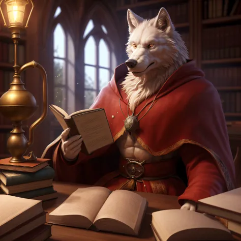 There is a white wolf sitting at a table reading a book, wizard sits reading at a table, The Librarian, Alchemist Library Background, From Cryptid Academia, realistic fantasy rendering, realistic fantasy illustration, Maxwell render, (Octane rendering) fan...