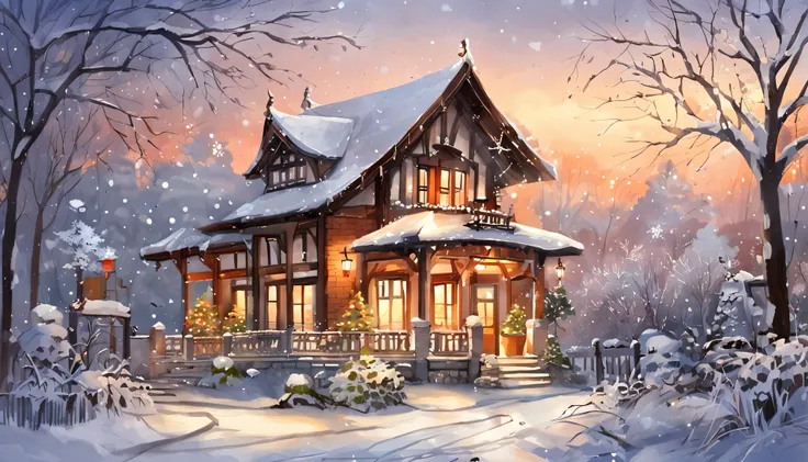 Old residential area，Red brick building，Big banyan tree，Clean the pavement，snow cover，Big snowflakes，Winters，in the early morning，Light white tones，super-fine，Carefully portrayed，high qulity，8K，