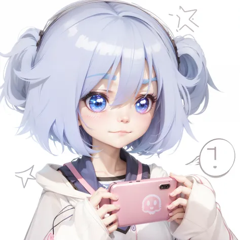 Anime girl with blue hair holding a pink cup，grin face, Anime moe art style, accidentally taking a selfie, checking her phone, with index finger, she has a cute expressive face, tired haunted expression, tired and haunted expression, in an anime style, she...