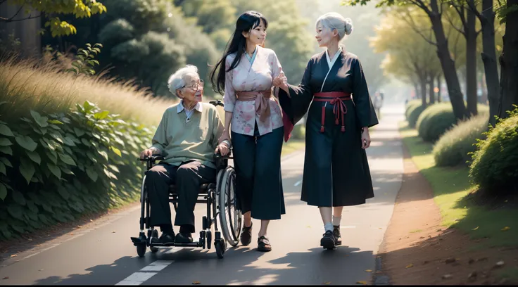 There are two characters、One is a female caregiver walking in a wheelchair, Female caregiver not in wheelchair talking facing the front, Female caregiver, femele, japanes, Pushing the wheelchair, Black hair, lightsmile, canon, nffsw,top-quality、top-quality...