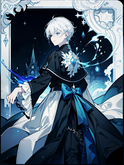 darkly, The old Victorian house stands alone in the moonlight, Vivid colors,，dark night background，Males around twelve years old，white color hair，Light blue eyes，long white robe，Castle in the back，Harry Potter wand in hand,adolable，apathy