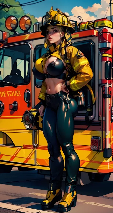 sexy ((firefighter:1.6))((firefighter helmet:1.5)) wearing (tight pants:1.4)(perfect face), detailed face, (symmetrical eyes), perfect nose, (wears firefighter jacket:1.2), wearing (small black bra on :1.4) that barely covers the , (gigantic breasts:1.4) (...