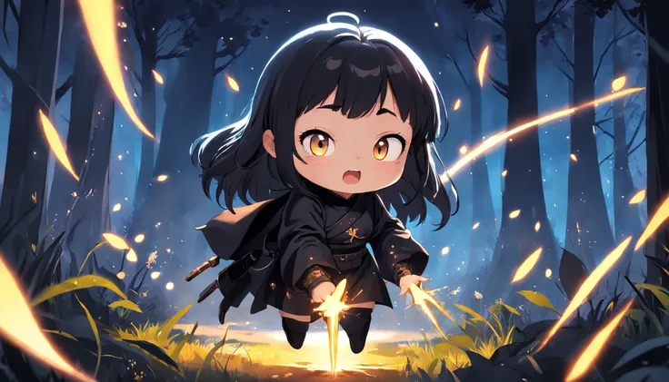 Cartoony，Chubby little girl in black tight cloth，assassins，Dagger and dagger in both hands，Glowing fireflies around，，Cute and cute，KIDS ILLUSTRATION，Glow effects，Dingdall effect，depth of fields，high light，Real light，Ray traching，oc rendered，Hyper-realistic...