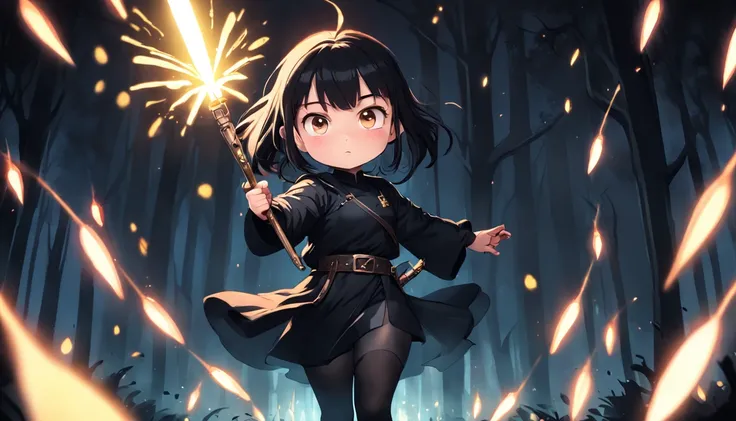 Cartoony，Chubby little girl in black tight cloth，assassins，Dagger and dagger in both hands，Glowing fireflies around，，Cute and cute，KIDS ILLUSTRATION，Glow effects，Dingdall effect，depth of fields，high light，Real light，Ray traching，oc rendered，Hyper-realistic...