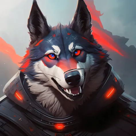 there is a wolf with glowing eyes and a collar on, husky in shining armor, furry character portrait, good boy giant mecha wolf hound, Wojtek FUS, retarded wolf portrait, anthropomorphic wolf, fantasy wolf portrait, fursona art, portrait of den, wolf face d...