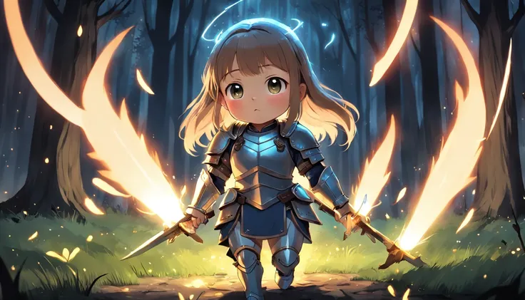 Cartoony，Chubby little girl in heavy armor，Place glowing swords and shields on the ground，Glowing fireflies around，，Cute and cute，KIDS ILLUSTRATION，Glow effects，Dingdall effect，depth of fields，high light，Real light，Ray traching，oc rendered，Hyper-realistic，...