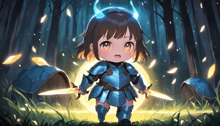 Cartoony，Chubby little girl in heavy armor，Place glowing swords and shields on the ground，Glowing fireflies around，，Cute and cute，KIDS ILLUSTRATION，Glow effects，Dingdall effect，depth of fields，high light，Real light，Ray traching，oc rendered，Hyper-realistic，...