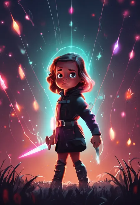 Cartoony，Chubby little girl in black tight cloth，assassins，Dagger and dagger in both hands，Glowing fireflies around，，Cute and cute，KIDS ILLUSTRATION，Glow effects，Dingdall effect，depth of fields，high light，Real light，Ray traching，oc rendered，Hyper-realistic...