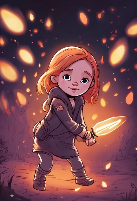 Cartoony，Chubby little girl in black tight cloth，assassins，Dagger and dagger in both hands，Glowing fireflies around，，Cute and cute，KIDS ILLUSTRATION，Glow effects，Dingdall effect，depth of fields，high light，Real light，Ray traching，oc rendered，Hyper-realistic...