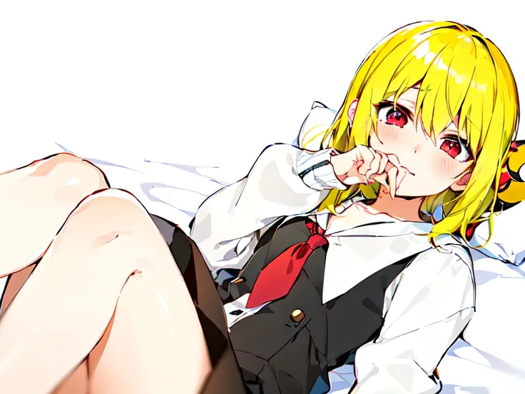 Anime girl with red eyes lying on bed, ( ( misa amane # ) ), misa amane *, misa amane, the anime girl is crouching, Rei Hiroe, Gapmoe Yandere, Ecchi anime style, loli in dress, Lori, Ecchi, small curvy loli, a hyperrealistic schoolgirl