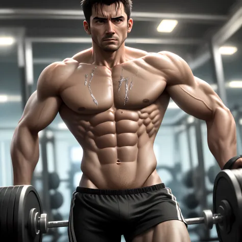 An erect man is drenched，Show your figure in the gym，Depth of field view，Cinematic lighting effects