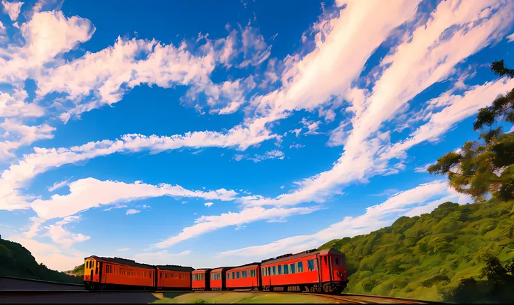 From the ground, overlooking the sky, there are colorful clouds。There is paradise on the clouds。There are also galloping colored trains