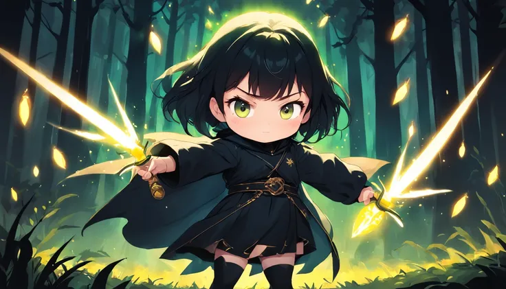 Cartoony，Chubby little girl in black tight cloth，assassins，Dagger and dagger in both hands，Glowing fireflies around，，Cute and cute，KIDS ILLUSTRATION，Glow effects，Dingdall effect，depth of fields，high light，Real light，Ray traching，oc rendered，Hyper-realistic...