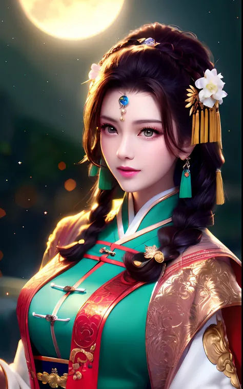 Best quality, Masterpiece, A high resolution, Night, full moon, 1 girl, Mature woman, Chinese style, Ancient China, sister, Imperial sister, Smile, Dark brown hair, Dark hair, Princess cut, Fried dough twisted braid, Coiled hair, Double ball head, Light pi...