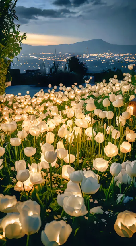 There are many white flowers in the fields with the city as the background, lights with bloom, field of flowers at night, Glowing flowers, beatifully lit, beautiful light up, beautifully lit landscape, Luminous flowers, Soft glow, soft white glow, beautifu...