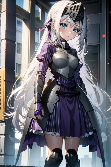 {{1girl}, {solo}, {blue_eyes}, {long hair}, {armor}, {armored dress}, {silver hair}, {blush}, {ribbon}, purple armor, knee socks, hair clip, striped, looking at the supervisor, very long hair