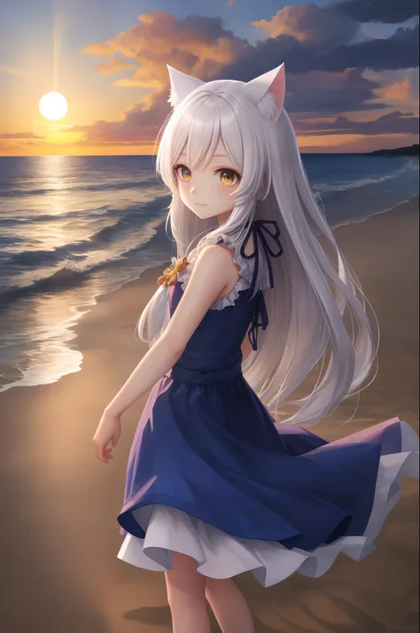 sandbeach，beachside，the setting sun，cat ear，White-haired loli，Beth