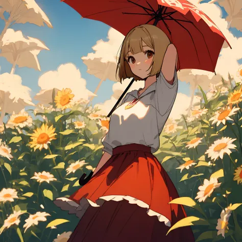 blond woman in a、Short Bob Hair、sano、illustratio、Sun umbrella、long red skirt、Brown eyes、