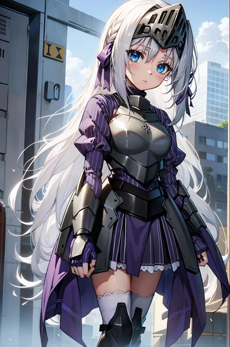 {{1girl}, {solo}, {blue_eyes}, {long hair}, {armor}, {armored dress}, {silver hair}, {blush}, {ribbon}, purple armor, knee socks, hair clip, striped, looking at the supervisor, very long hair