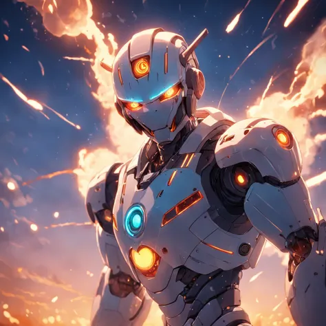 Masterpiece, Best Quality, stills from movies, Robotic Man, aggressive, Floating in the sky, close-up, bright, happy, Warm and soft lighting, sunset, (sparks:0.7)