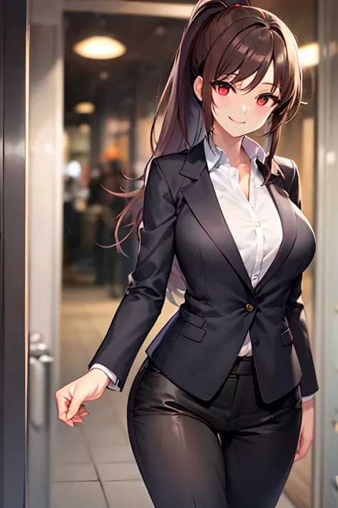 Red eyes, dusk skin, long brown hair, high ponytail, bottom of hair is light brown, breasts, suit-jacket, black pants, smiling, cowboy shot, female, masterpiece