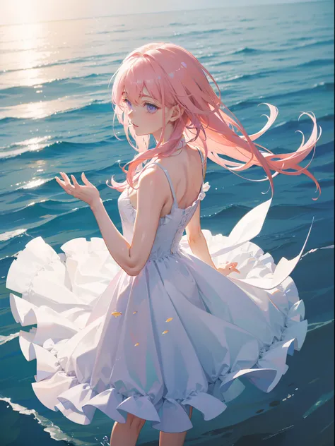 Long light pink hair，Light purple eyes，in  the water，White dress，Fill the air bubbles all around，Contre-Jour，Light，There are small fish，Cinematic texture