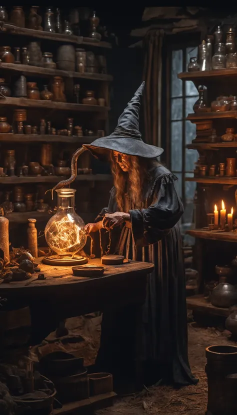 extremely detailed witch figure without hat in an alchemy lab, de frente a um espelho, observando o seu reflexo