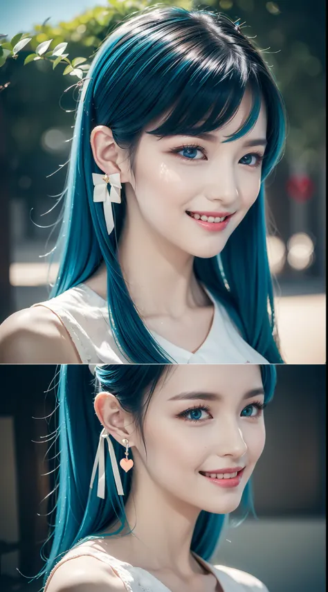 Light blue hair, Asymmetrical hair, hair behind ear, Side ponytail, Straight hair, Hair Bow, headset on head, mismatched sclera, eyes reflection, Heart earrings, Seductive smile, surrealism, modern, Cinematic lighting, viewfinder, projected inset, Close-up...