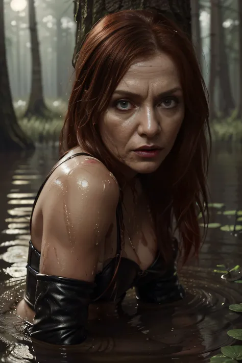 Hyper-realistic, ultradetailed, tmasterpiece. a closeup of a. Night lighting. (Gloomy Forest:1.2). The woman, (Tormented by lust:1.4), (drowning in a swamp). mini skirt, black stockings with garters on the legs, leather jacket, black stiletto heels, (emaci...