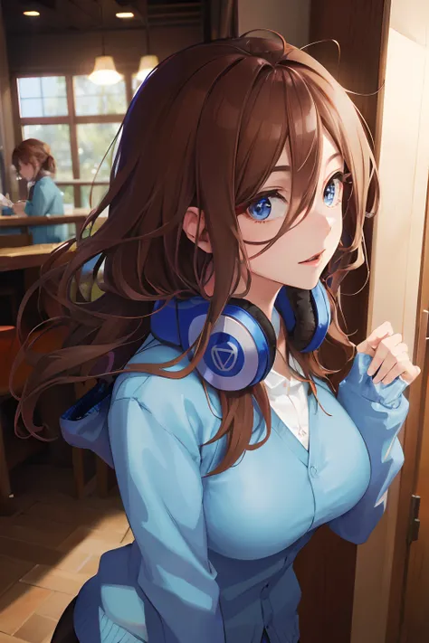 absurdres, best quality, 1girl, solo, eye focus, looking at viewer, Miku, Blue Cardigan, brown hair