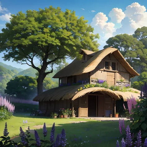 Stone Age，Primitive architecture，thatched hut，Tsuki Rock，green meadows，rios，wisteria，the trees，green plant，