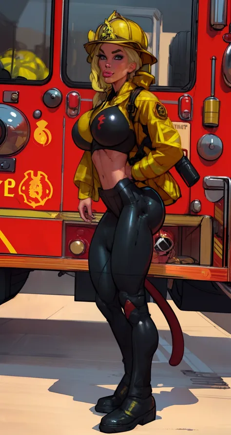 sexy ((firefighter:1.6))((firefighter helmet:1.5)) wearing (tight pants:1.4)(perfect face), detailed face, (symmetrical eyes), perfect nose, (wears firefighter jacket:1.2), wearing (small black bra on :1.4) that barely covers the , (gigantic breasts:1.4) (...