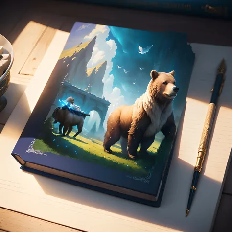 There is a book with the image of a bear and sheep, fantasy RPG book illustration, fantasy book illustration, arte do Livro de arte, 3 d epic illustrations, pintura de capa de livro de fantasia, arte conceitual publicada, realistic fantasy illustration, Li...